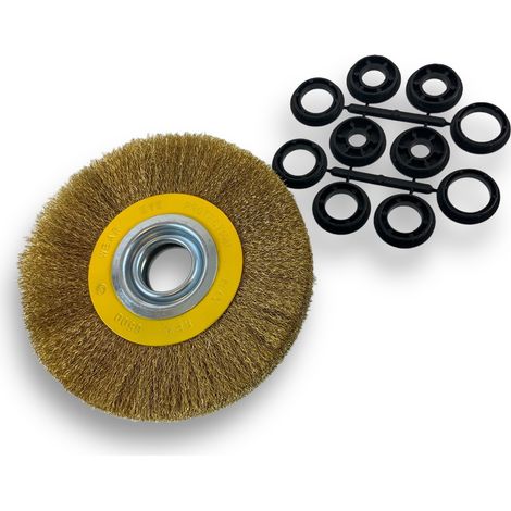 Brosse circulaire LAITON Ø 175 mm Epaisseur 2 rangs Fil souple 0.20 mm ondulé Alésage 32 mm + réducteur bague 25/22/20/16/12 mm Touret meuleuse affûteuse ponceuse Kibros 235177LV (1/5)