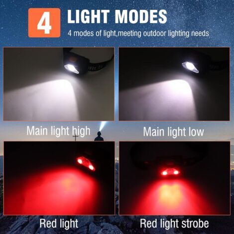 H09 Lampe Frontale LED Rouge Torche Frontale 4 Modes d'éclairage Etanche et Léger Pour Enfants Adultes Camping Running Randonnée Course，3 Piles AAA Inclus [Classe énergétique G] (1/5)