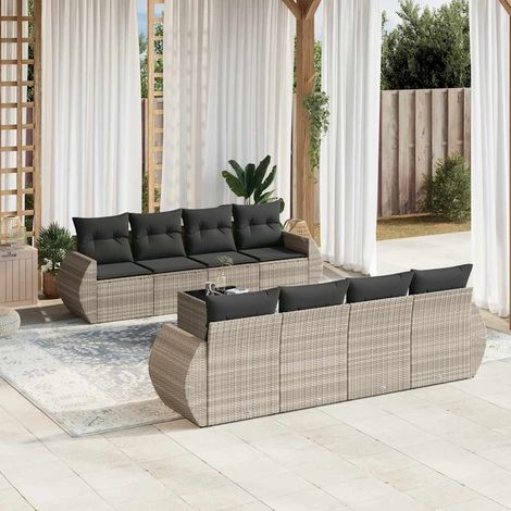 Salon de jardin 9 pcs avec coussins gris clair résine tressée (1/5)