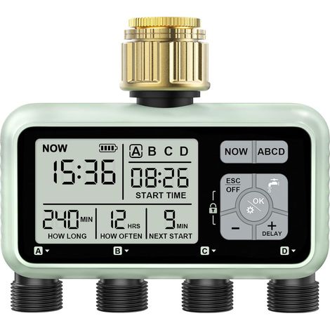 1 Programmateur Arrosage 4 Sorties, Entrée Laiton, Minuterie Numérique, Mode Pluie, Jardin Pelouse