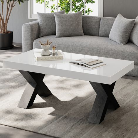 Couchtisch 100x50x40 cm weiß und schwarz, Hochglanzplatte, X-Füße, MDF, MEUBLIV (1/5)