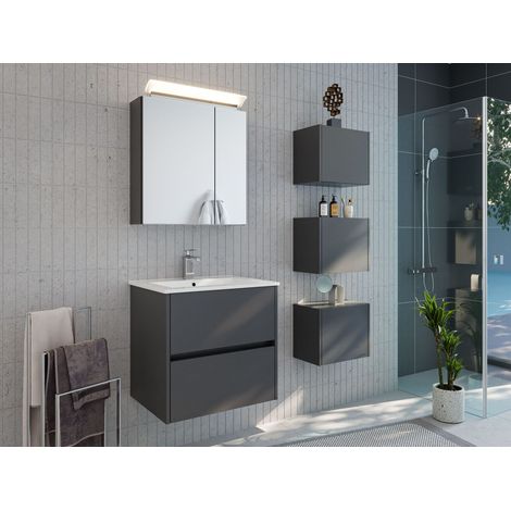 Badmöbelset Taifun 60cm 3tlg mit Spiegelschrank und 3er Boxen Set grafit