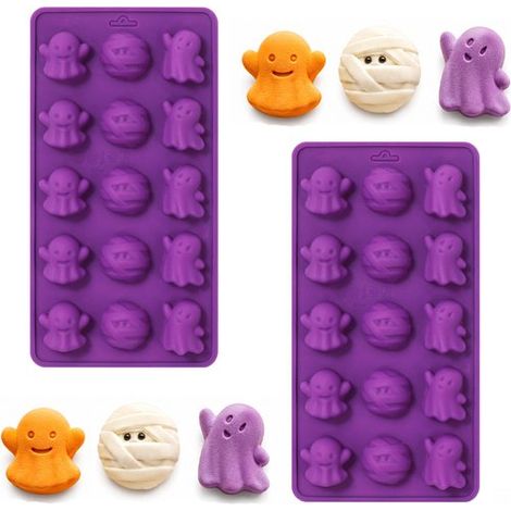2 teilige Schokoladenform in Geisterform Halloween Silikonform Silikonform Mousseform Kuchenform Form 15 Mulden 20 x 10,5 x 1,6 cm für Bonbons, G (1/5)