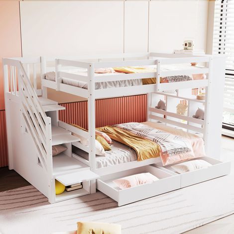 Letto a castello 90x200 cm, letto per bambini con 2 cassetti, armadio e scaletta di sicurezza. Protezione anticaduta, rete a doghe, legno massello, bianco (1/5)