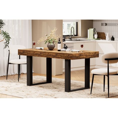 Table à manger extensible rétro en bois 120-160 cm, capacité 8 personnes, finition brun rustique et pieds noirs (1/5)