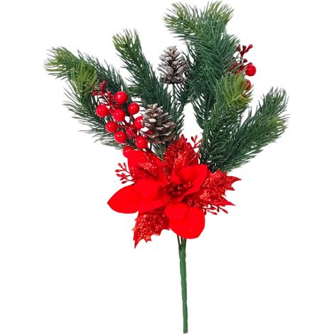 Guirlande Artificielle De Noël - Branches De Pin Avec Pommes De Pin Faux Poinsettias Et Baies Rouges - 32 X 20 X 5 Cm - 1 Pièce (1/5)