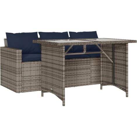 2-tlg. Garten-Essgruppe mit Kissen Grau Poly Rattan vidaXL