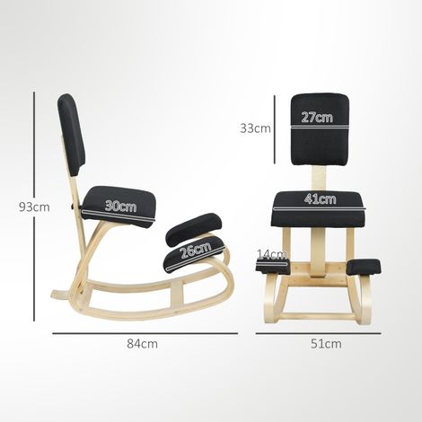 Siège assis genoux, tabouret ergonomique en bois à bascule avec dossier, chaise à genoux pour bureau à domicile, noir (1/4)