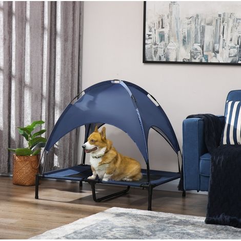 Lettino rialzato pieghevole per cani con baldacchino, blu scuro HAVRYA (1/4)