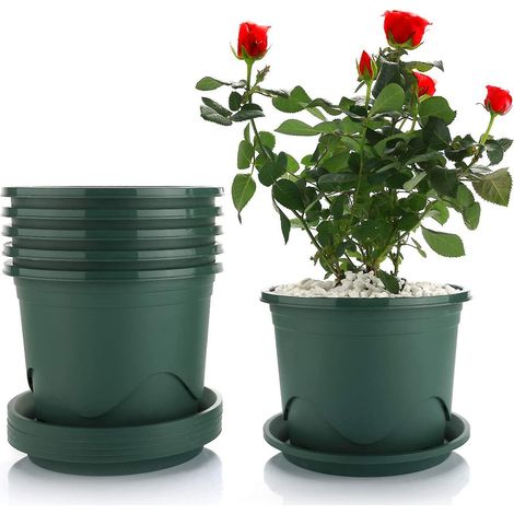 6-teiliges Set aus 16 cm großen, atmungsaktiven Blumentöpfen mit Untersetzern, Pflanztöpfen aus Kunststoff, Kräutertöpfen für den Innenbereich