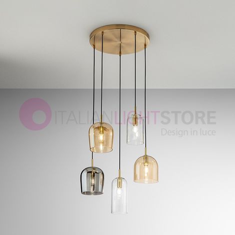 Sospensione in vetro 5 luci Coro (2 trasparente, 2 ambra specchiato, 1 fumé specchiato) attacco E14 (1/3)