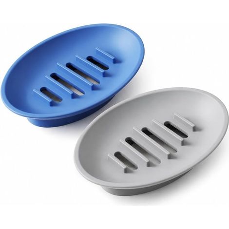 Porte-savons en silicone 2 pièces – Porte-savon avec drainage et base antidérapante – Garde le savon sec et propre – Accessoires pour salle de bain et douche – Bleu gris (1/5)