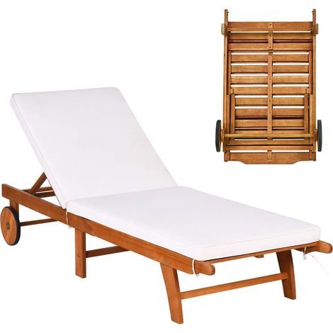 Costway – Transat pliant en bois d'eucalyptus – Dossier réglable 6 positions – Coussin épais – Charge max 160 kg – Roues pour transport facile