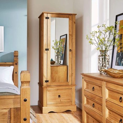 Corona Pine Armoire Wardrobe 1 Door Mirrored 1 Storage Drawer Solid Wood (1/3)