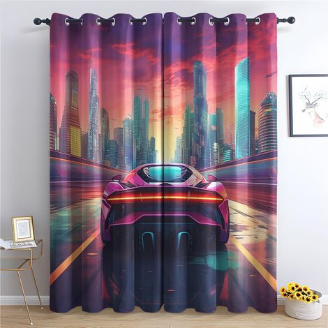 Rideau Voiture de Course - Rideau Occultant Thermiques Voiture de Sport Paysage Urbain, Lot de 2 Rideaux à Oeillets pour Decoration Chambre Salon, Draperies Intérieurs Fenetre, 140x160 cm (LxH) - 2x L (1/5)