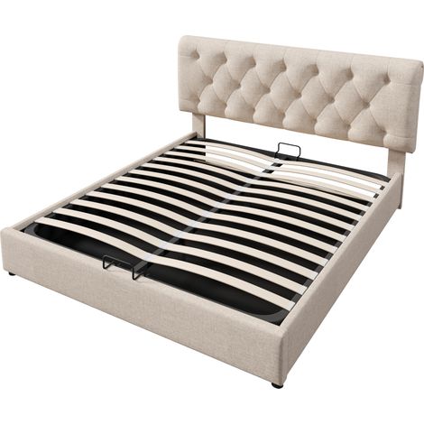 Cama doble 160x200 cm de tela con cabecero regulable y somier de lamas HOMVRA (1/5)