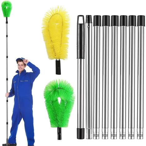 Telescopic Gutter Cleaning Tool with Handle, 310 cm Extendable Stainless Steel Brush, Roofing Brush Pole for Easy Remove Leaves, Snow, Dirt, Roof Spills (Green + Yellow) (1/5)
