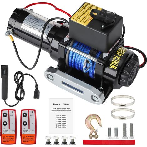 Electric Winch 12V, 2041 kg / 4500 lbs, with 12 m Synthetic Rope, 2 Radio Remote Controls & Cable Control, IP67 Waterproof, for Towing Applications, Quads, SUVs, Jeeps, ATVs and Boats (1/5)