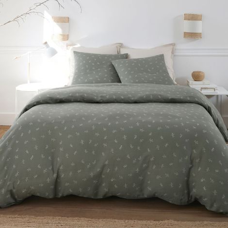 Parure housse de couette 260x240cm + 2 taies 100% gaze de coton vert de gris fleurie - GEODE