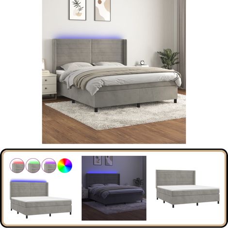 Boxspringbett mit Matratze & LED Hellgrau 180x200 cm Samt - Boxspringbett - Doppelbett - Samtbett - Luxusbett - Bettenrahmen
