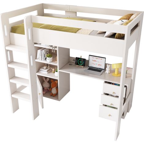 Lit mezzanine MDF/bois aggloméré blanc 90x200 cm avec bureau USB/Type-C, rangements et escalier, sommier inclus (1/5)