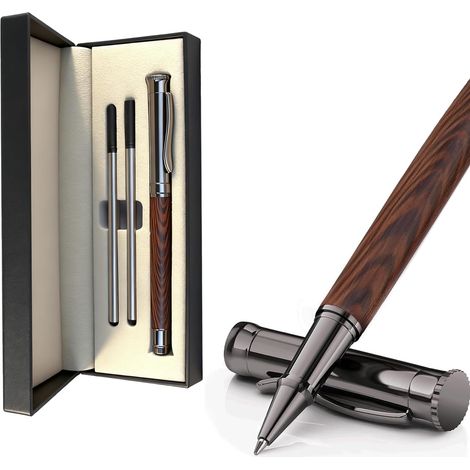 Stylos Roller en Bois, Saint Valentin Stylo Plume Roller Cartouche Recharge Personnalisé Stylo Bille D'écriture Fantaisie 2 Recharges D'encre pour Gaucher Droitier Homme Femme Dirigeant