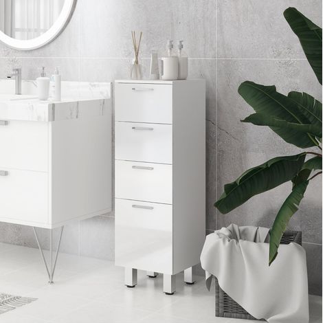 Mueble de baño 30x30x93 cm, con 4 cajones, diseño brillante, patas regulables, madera, blanco (1/5)