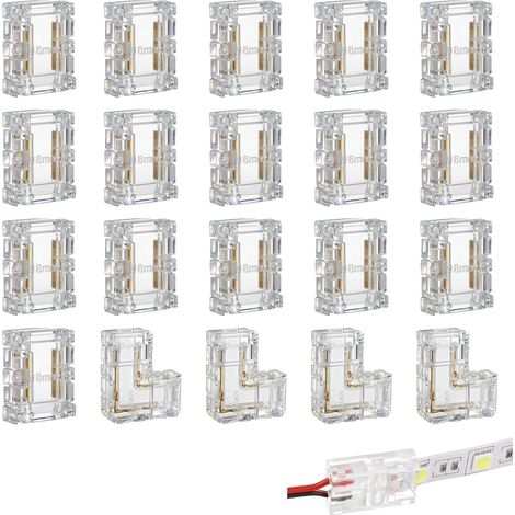 20 Connecteurs LED COB 2 Polig 8mm, 4 Connecteurs d’Angle en L et 16 Connecteurs Droits, Connecteurs Ruban LED Transparent et Sans Soudure, LED Connector COB 8mm pour 12V/24V Raccord Bande LED (1/5)