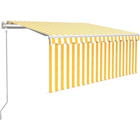 Store banne rétractable automatique avec rideau occultant, 3 x 2,5 mètres, à rayures jaunes et blanches. (1/5)
