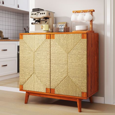 Akzentschrank Mid-Century-Boho, Sideboard mit handgeflochtenen Papiertüren, Anrichte Wohnzimmer (1/5)