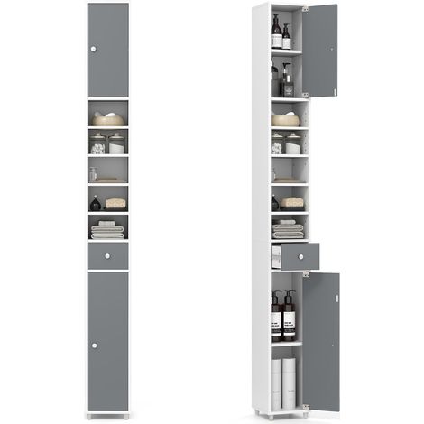 GOPLUS Armoire de Salle de Bain Haut, avec 2 Portes, 1 Tiroir, 5 Étagères Réglables, Dispositif Anti-basculement, Meuble Colonne Rangement pour Petits Espaces, 20x20x180cm (Blanc+Gris) (1/5)