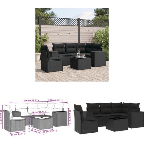 6-tlg. Garten-Sofagarnitur mit Kissen Schwarz Poly Rattan - Gartenmöbel - Esstischgarnitur - Outdoor Möbel - Lounge Set - Rattan Gartenmöbel - Home & Living