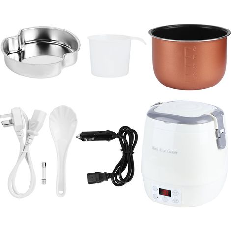 Cuiseur à Riz Électrique Portable 1,6L avec Vapeur - Blanc ABS+Inox - 300W Domestique & 100W Voiture - Cuiseur Auto Mini Pratique pour Voyages (1/4)