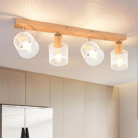 Plafonnier 4 Spots Orientables Bois et Métal Blanc, Douille E14, Luminaire de Plafond pour Salon, Chambre, Cuisine et Couloir(sans ampoules) (1/5)