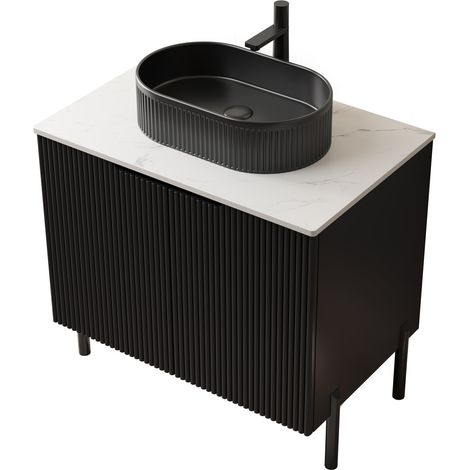 Mobile bagno con lavabo ovale in ceramica nera da 76 cm e piano in pietra sinterizzata (1/4)