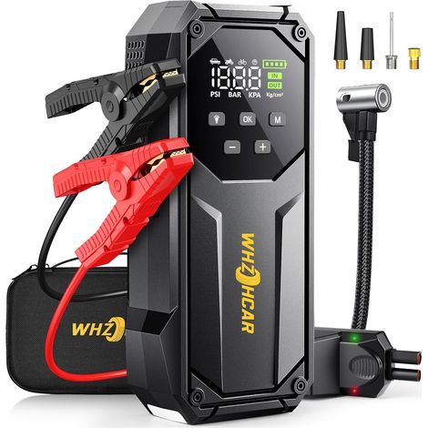 Booster Batterie Voiture 9000A avec Compresseur 150PSI 12V Gonfleur LCD LED Compatible avec tous les moteurs essence et diesel jusqu'à 12L équipé de pinces de sûreté intelligentes pour démarrage (1/5)