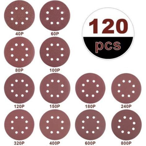 Disques abrasifs pour ponceuse circulaire – 120 pièces, diamètre 125 mm, grains 40 à 800, 8 trous, idéaux pour ponçage, polissage et dérouillage (1/4)
