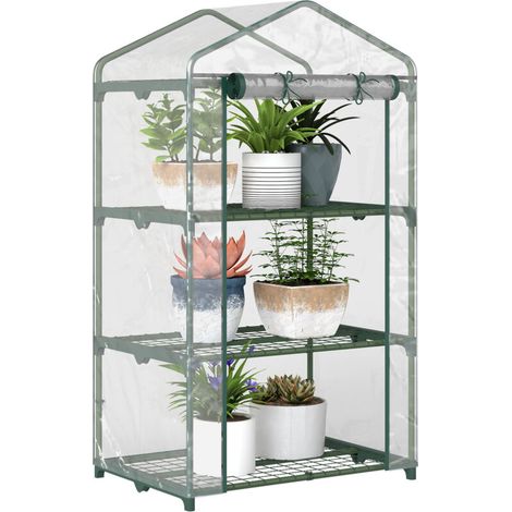 Gartengewächshaus mit 3 Ablagen. Balkongewächshaus. Verstärkte PVC-Plane. Stahlrahmen. Aufrollbare Tür mit Reißverschluss. Für Gemüse, Pflanzen und Blumen. 69 x 49 x 125 cm. Transparent.