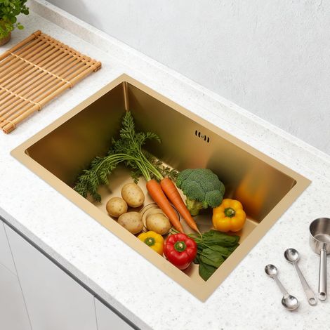 Évier de cuisine en acier inoxydable 304 60 x 40 cm avec rembourrage en caoutchouc absorbant le son, évier de cuisine, diamètre : 11 cm, doré (1/5)