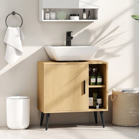 Meuble sous lavabo salle de bain avec porte à fermeture progressive et étagère réglable, 60 x 30 x 59,5 cm, chêne
