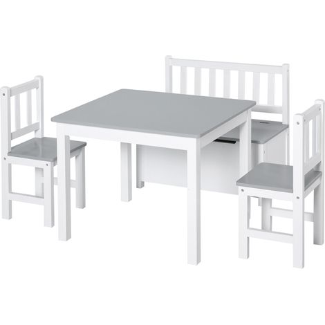 Ensemble table et chaises enfant 4 pièces - table, 2 chaises, banc coffre 2-en-1 - MDF pin blanc gris (1/5)