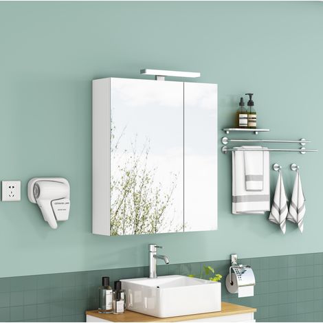 Meuble miroir de salle de bain mural 60 cm blanc MDF et verre, LED et prise FR (1/5)