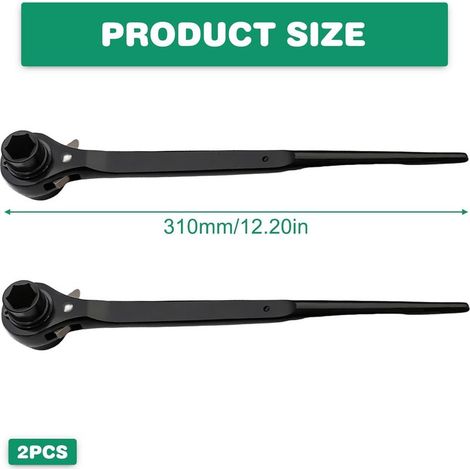 Lot de 2 clés à cliquet pour construction d'échafaudage 19/22 mm, clé d'échafaudage commutable droite/gauche en CR-V, cliquet d'échafaudage avec phosphatation noire résistante à la corrosion