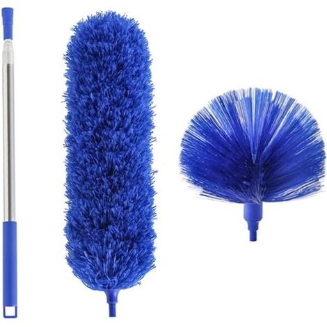 Brosse à plumeau extensible - Jusqu'à 2,5 mètres de long - Bleue - Acier inoxydable + PP + microfibre - Accessoires multiples - Brosse araignée (1/5)