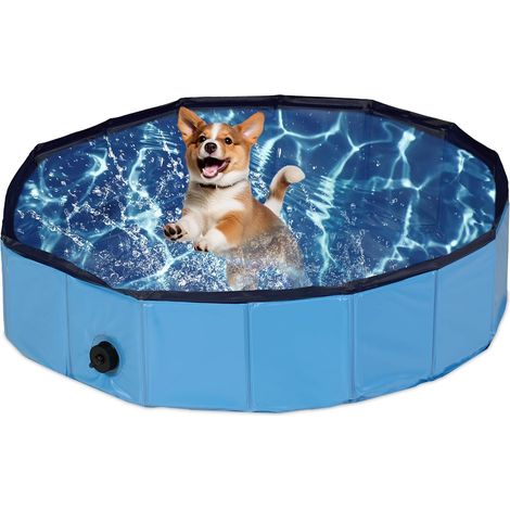 Piscine pour Chien Pliable Résistante - 20x80cm Système Évacuation - PVC et MDF - Rafraîchir Animal Été Bleu (1/5)