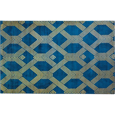 Alfombra azul de viscosa con estampado geométrico dorado con algodón 140 x 200 cm estilo glamour moderno Vekse (1/5)