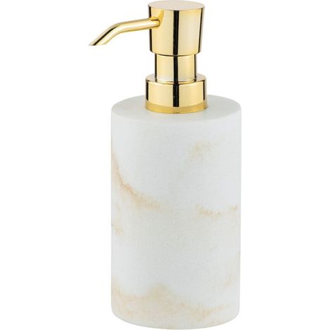 Distributeur de savon liquide marbre blanc – Polyrésine haut de gamme – 290 ml – Dimensions 10x7x18 cm – Fini doré élégant