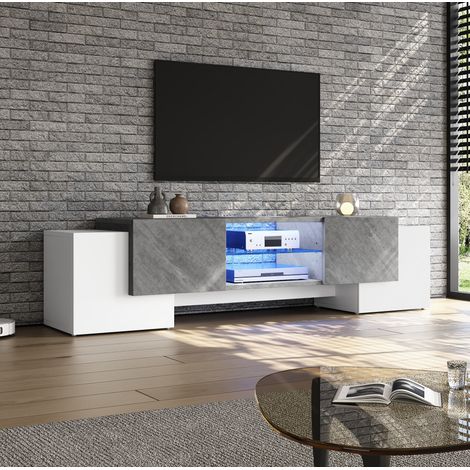 Meuble tv rangement 180 cm blanc gris LED verre trempe OKMYHOME (1/5)
