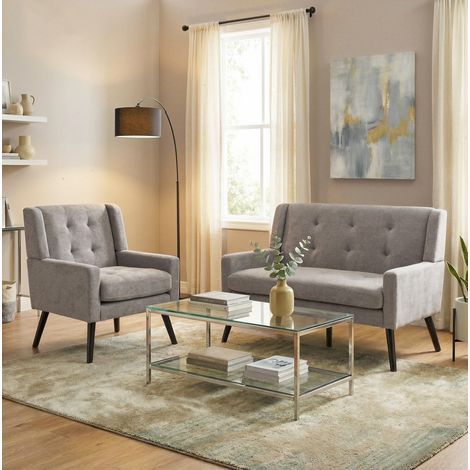 Set di 2 poltrone imbottite, seduta in schiuma ad alta densità, tessuto resistente, grigio chiaro (1/5)