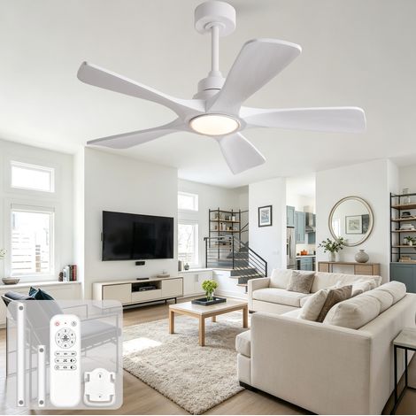 Ventilatore da soffitto con luce LED, 42 pollici, 5 pale in legno, bianco DESVIAE (1/5)